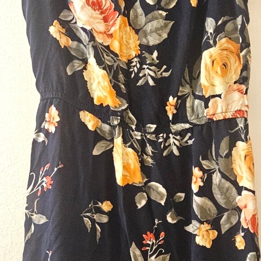 Navy blue boho dark floral Romantic dress Hi low cinch waist Cap Sleeve  1X